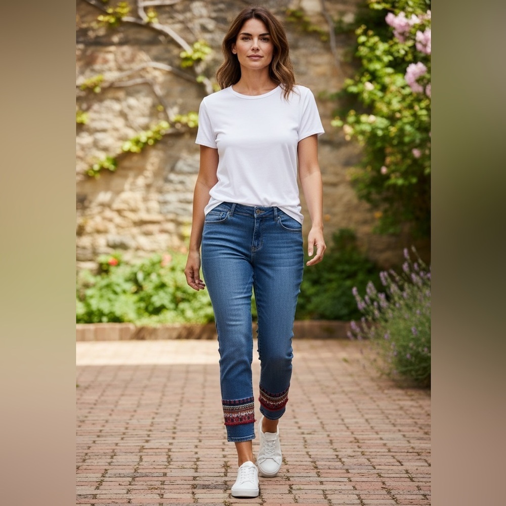 Elliott Lauren Blue Cropped Jeans with embellished Red Embroidery in size 8 - Picture 2 of 9